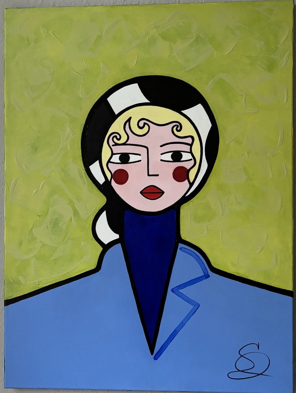 Portrait with blonde curls and blue cape, acrylic on canvas