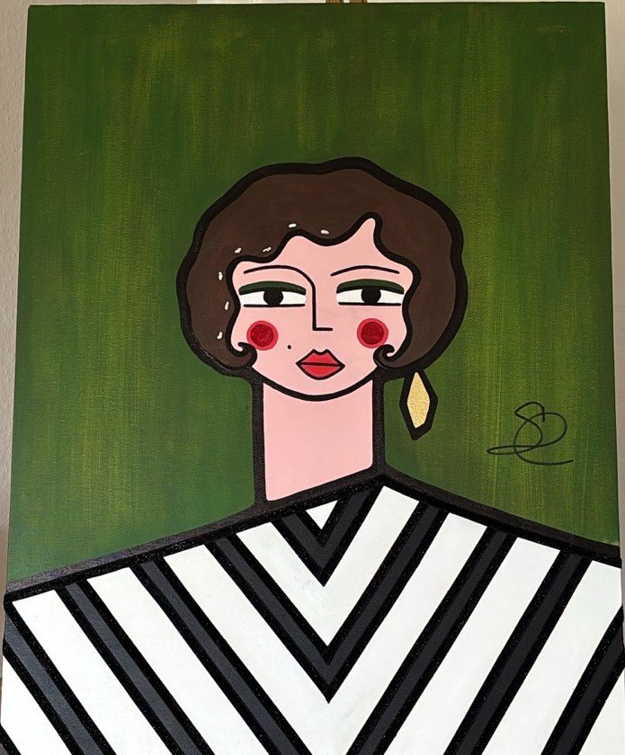 Portrait with brown bob and black-and-white chevron collar, acrylic on canvas