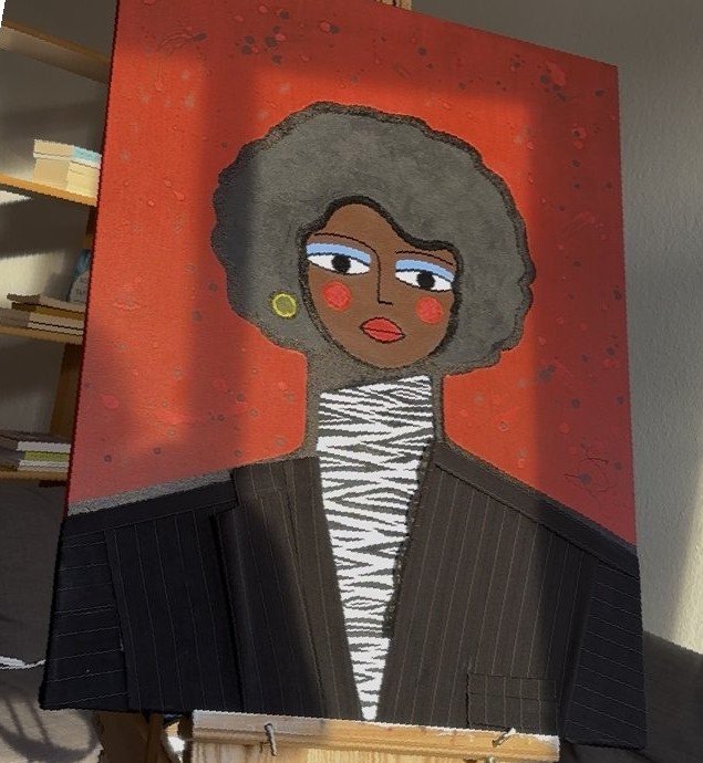 Mixed media portrait by Sofia Kala — woman with afro in tailored suit, acrylic on canvas